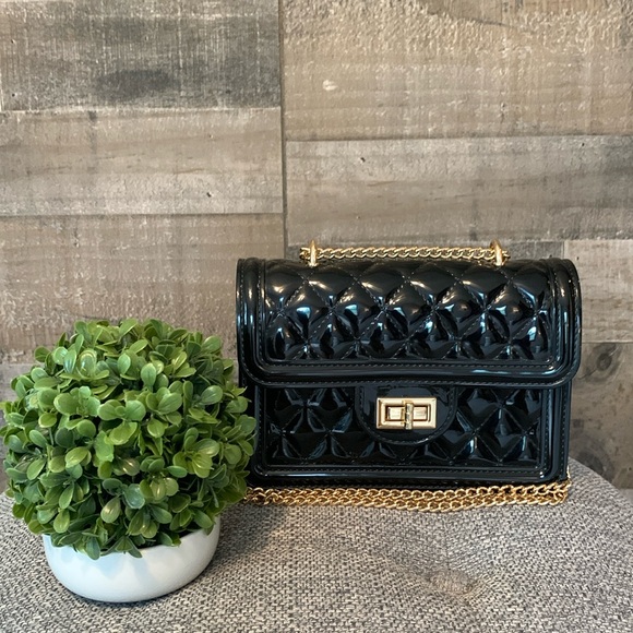 Handbags - Black Quilted Crossbody with gold chain